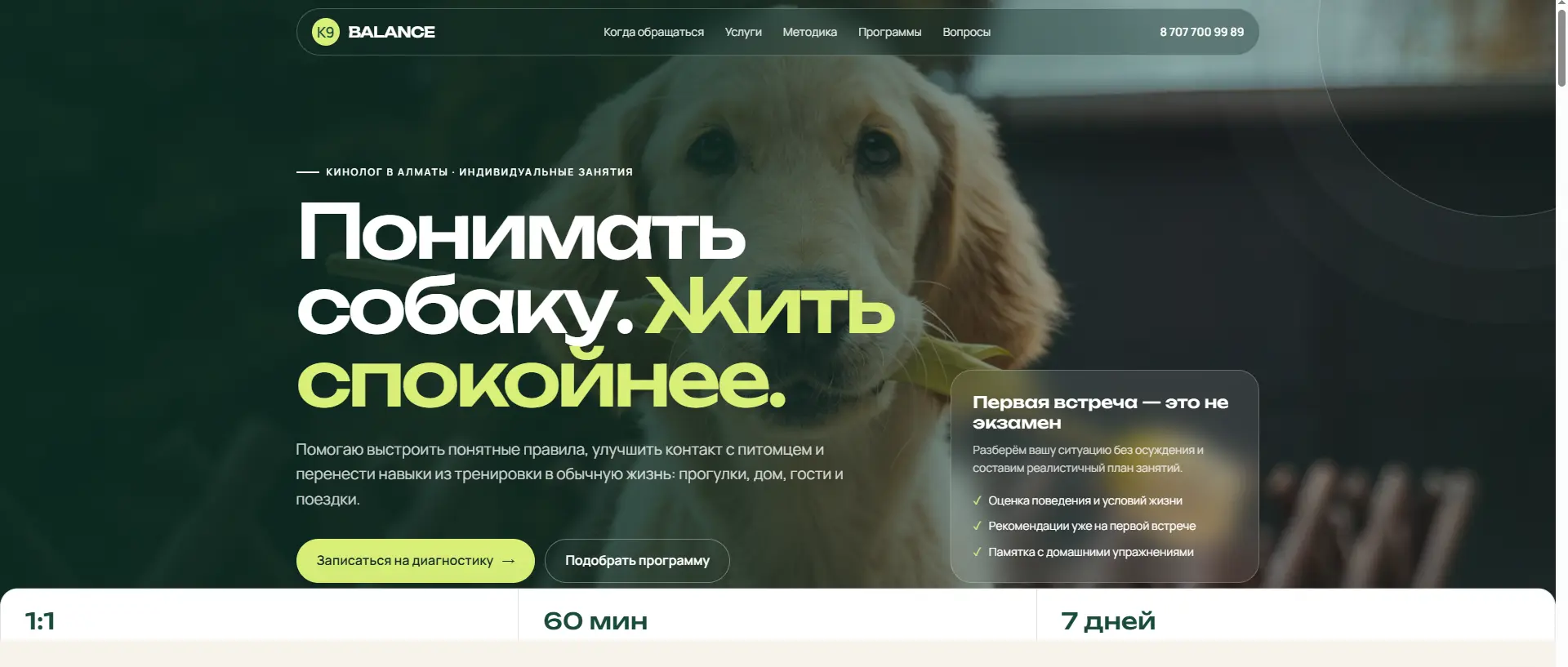 K9 Balance — одностраничный сайт/лендинг услуг кинолога